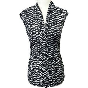 Vince Camuto XS Women's Sleeveless Collar V-neck Ruched Tank Top Black/White
